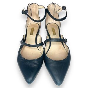 Louise et Cie Lo-Claire Pebbled Navy Leather Flats with Ankle Strap and Zipper